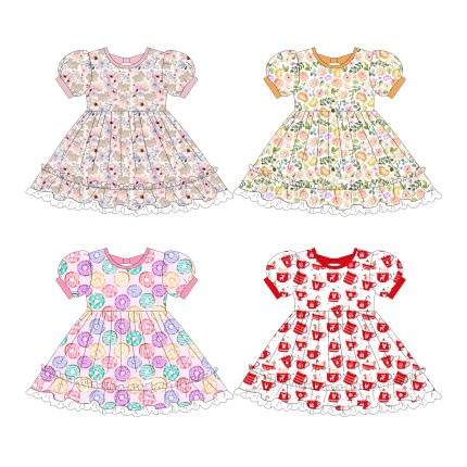 Girls Puff Sleeve dress With Bowknot