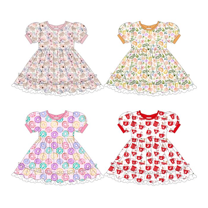 Girls Puff Sleeve dress With Bowknot