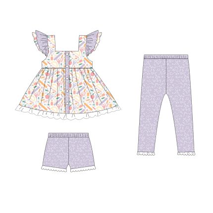 Girls Cap Sleeves Tunic Shorts Leggings 3Pcs Set