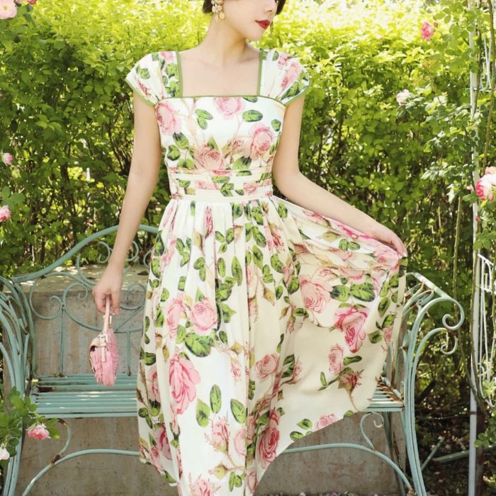 Romantic Floral Printed Women Midi Dress Square Neck