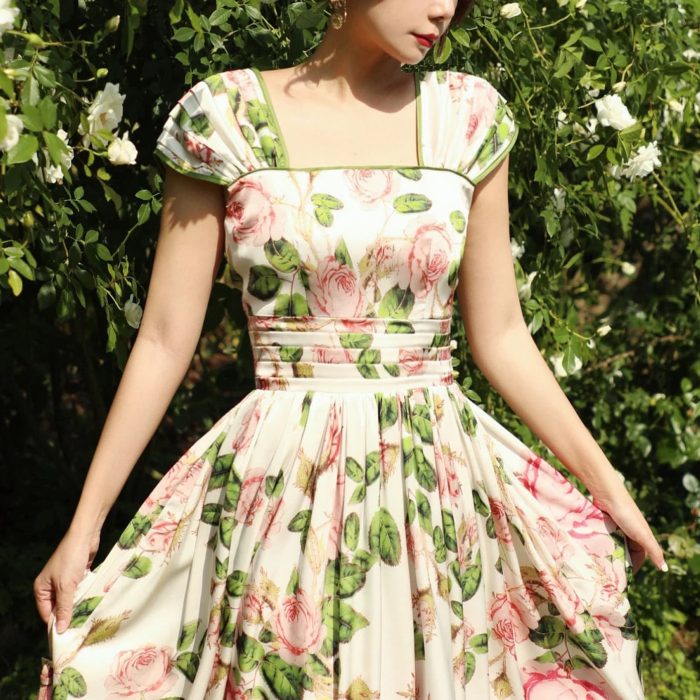 Romantic Floral Printed Women Midi Dress Square Neck