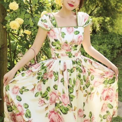 Romantic Floral Printed Women Midi Dress Square Neck