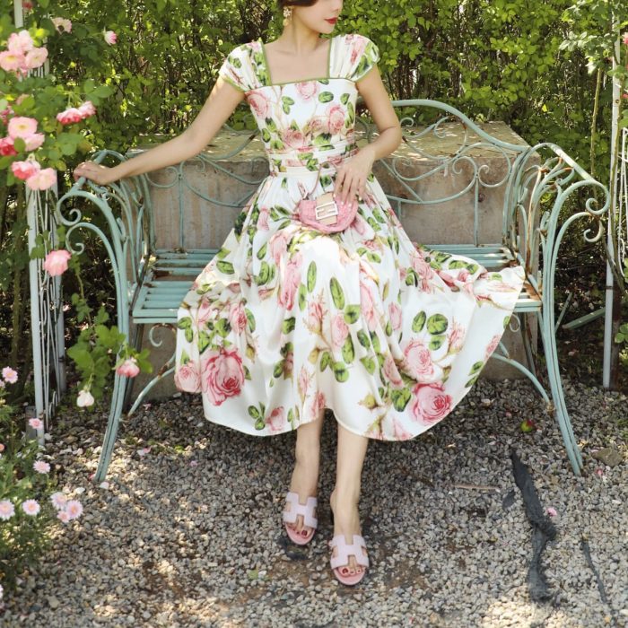 Romantic Floral Printed Women Midi Dress Square Neck