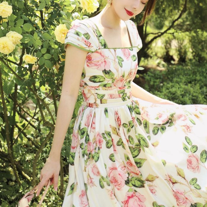 Romantic Floral Printed Women Midi Dress Square Neck