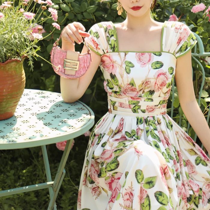 Romantic Floral Printed Women Midi Dress Square Neck