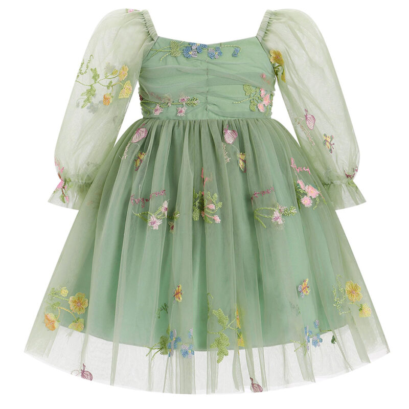 Embroidered Puff Sleeve Girls Dresses