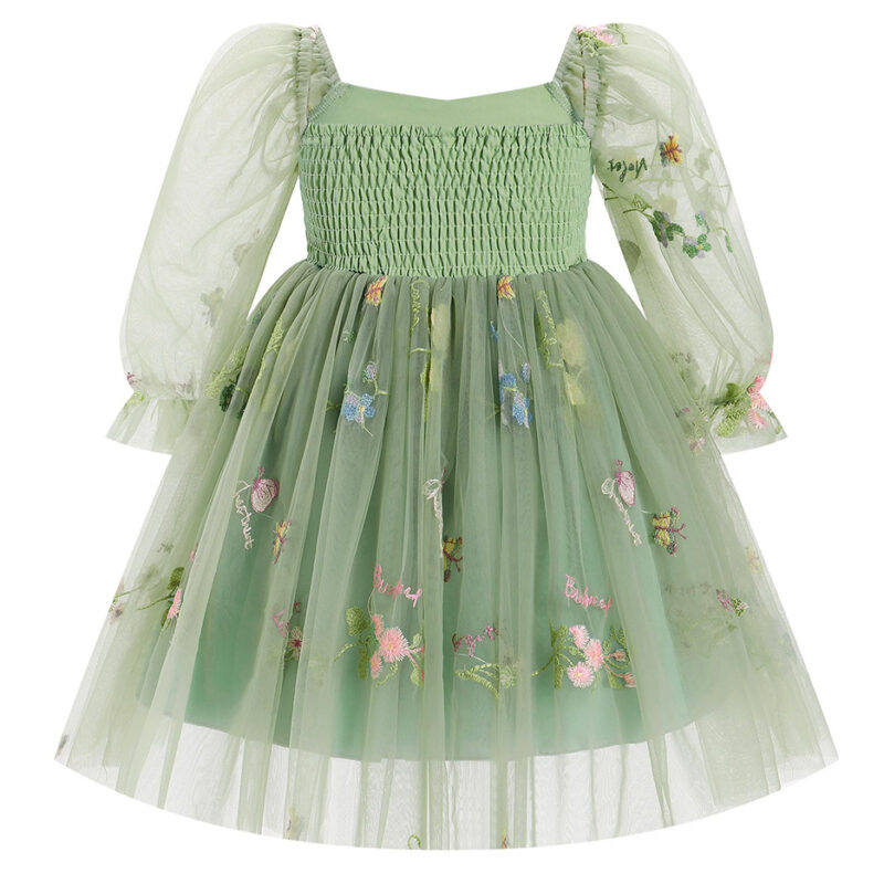 Embroidered Puff Sleeve Girls Dresses