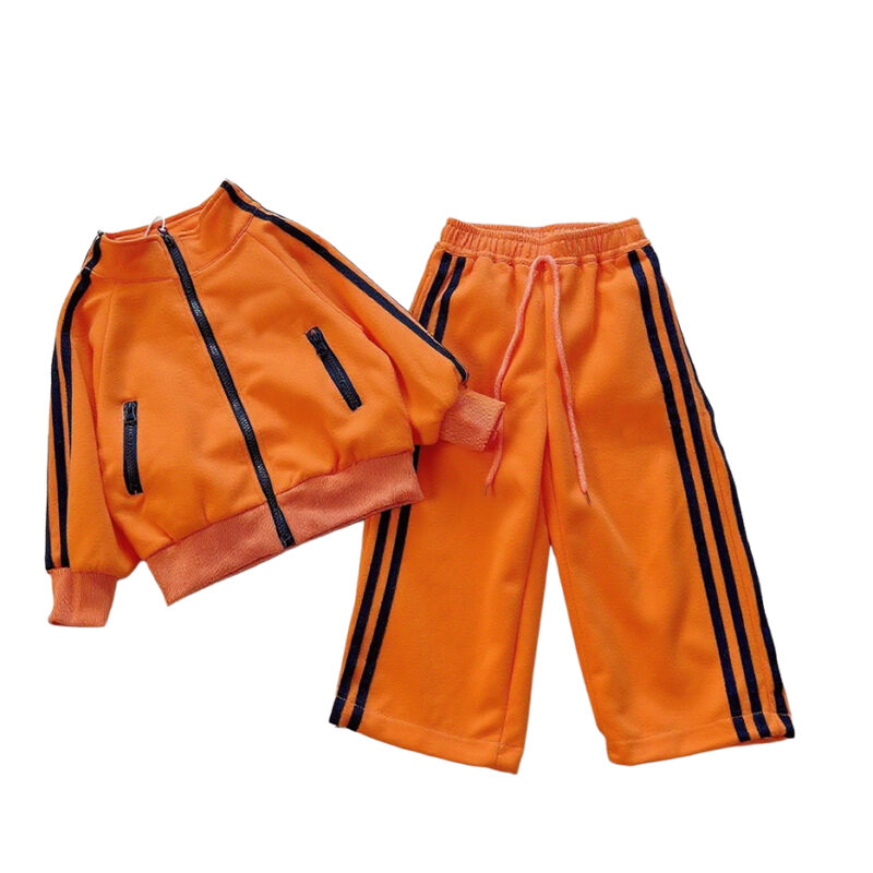 Children's Ribbed Long Sleeve Zipper Sweatshirt Wide-Leg Pants Suit