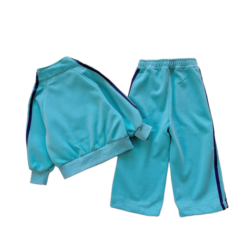 Children's Ribbed Long Sleeve Zipper Sweatshirt Wide-Leg Pants Suit
