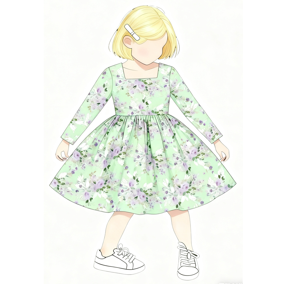 Custom Floral Long Sleeve Kids Twirl Dress Custom Floral Long Sleeve Kids Twirl Dress