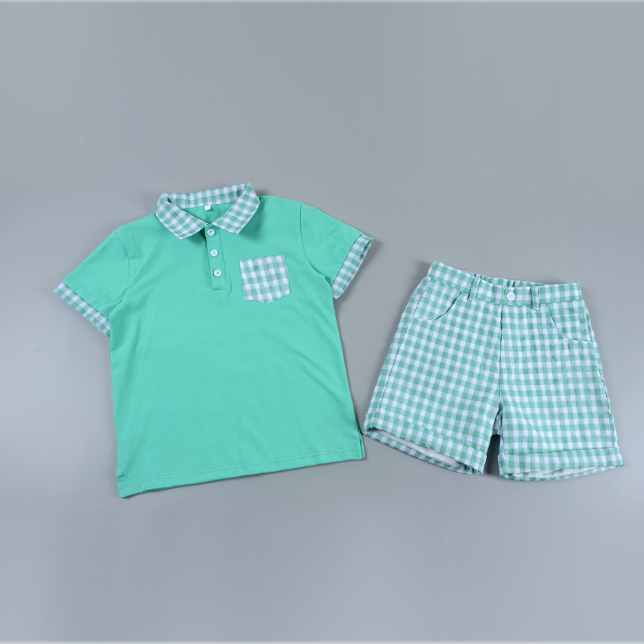 Custom OEM Boys Gingham Preppy Easter Polo Set Outfit