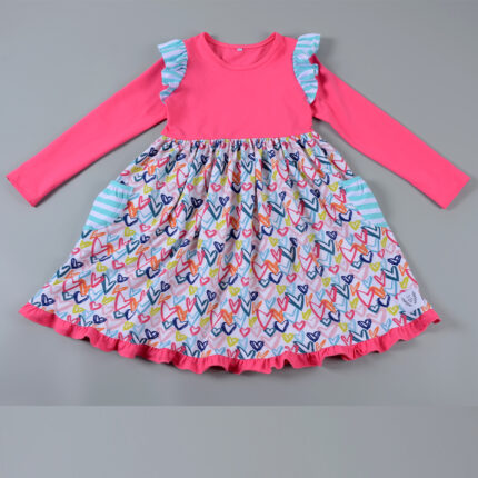 Custom Girls Print & Stripe Ruffle Accents Pocket Dress