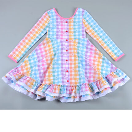 Wholesale Custom Girls Eyelet Lace Trim Pastel Rainbow Plaid Dress