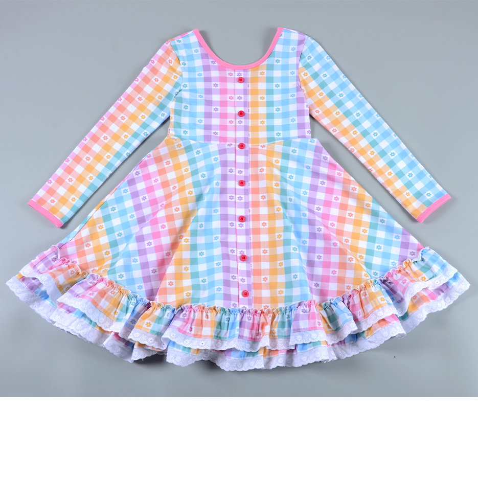 Wholesale Custom Girls Eyelet Lace Trim Pastel Rainbow Plaid Dress