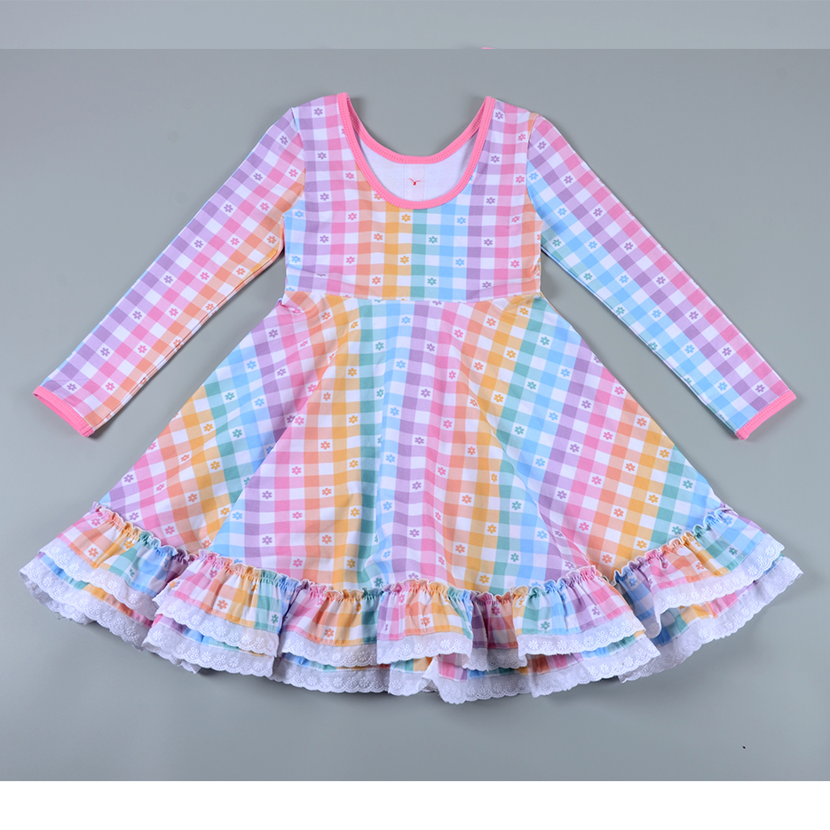 Wholesale Custom Girls Eyelet Lace Trim Pastel Rainbow Plaid Dress