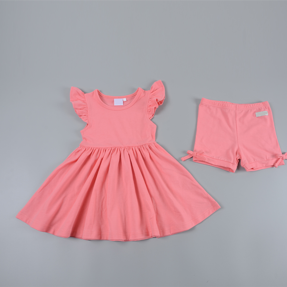 Low MOQ Custom Girls Cotton Spandex Flutter Sleeve Dress & Shorts Set