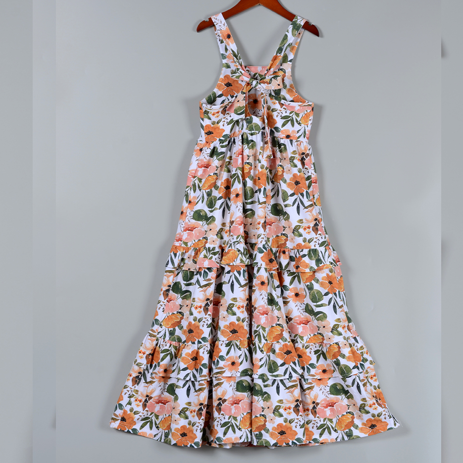 Custom Private Label Women Vintage Floral Tiered Open Back Maxi Sundress