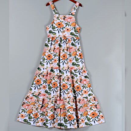 Custom Private Label Women Vintage Floral Tiered Open Back Maxi Sundress