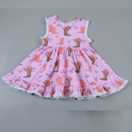 Factory Custom Girls Printed Boho Ruffle Boutique Lace Trimmed Sundress