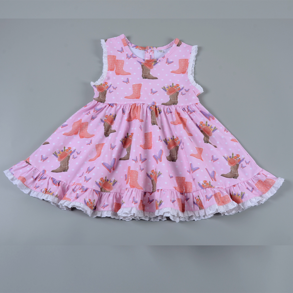 Factory Custom Girls Printed Boho Ruffle Boutique Lace Trimmed Sundress